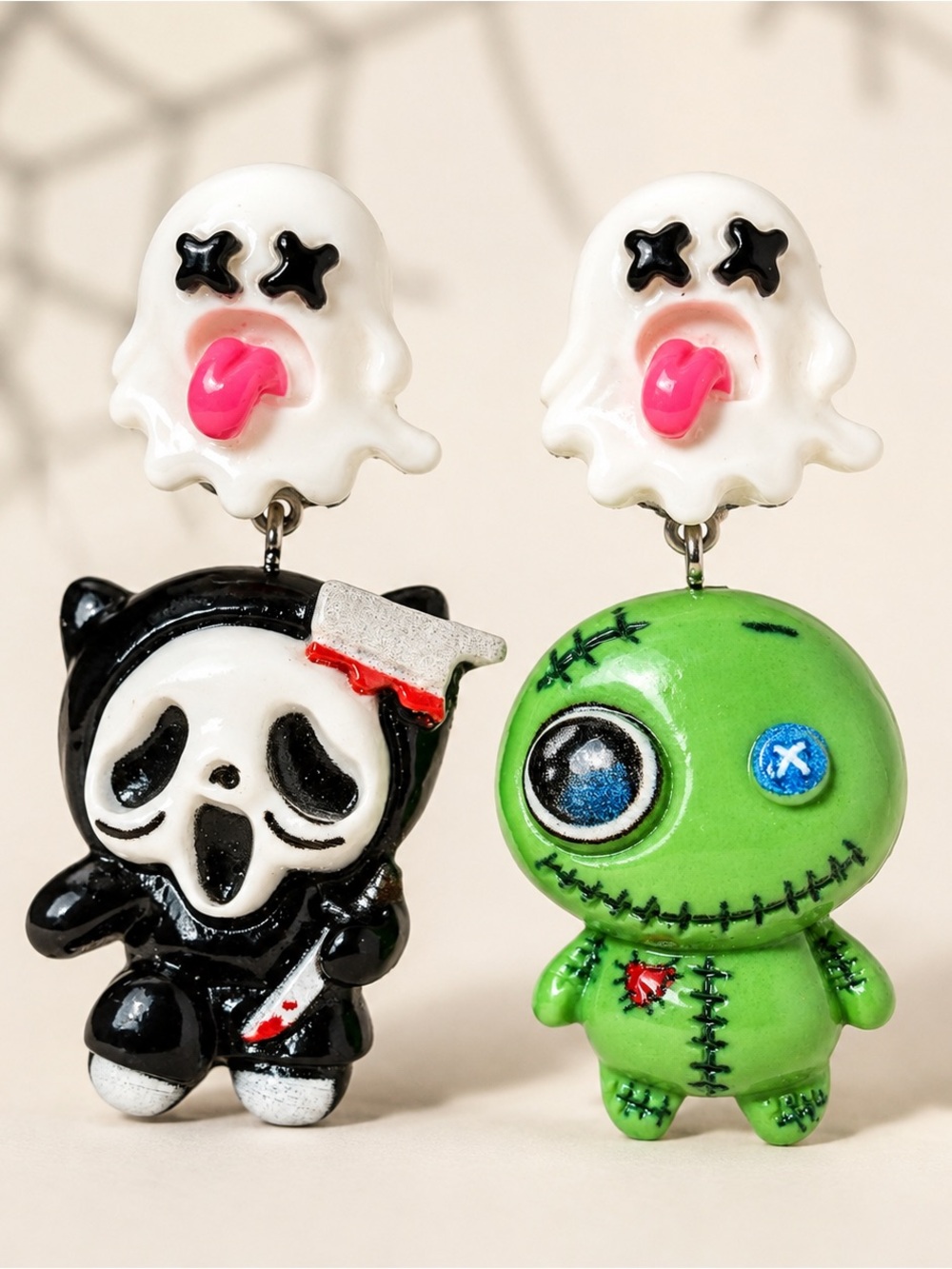 Spooky Ghost & Green Voodoo Doll Halloween Dangle Earrings